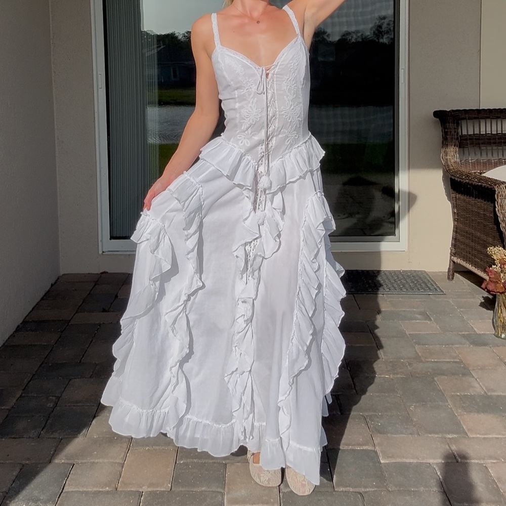 White Embroidered Floral Lace Up Venus Maxi Dress with Ruffles